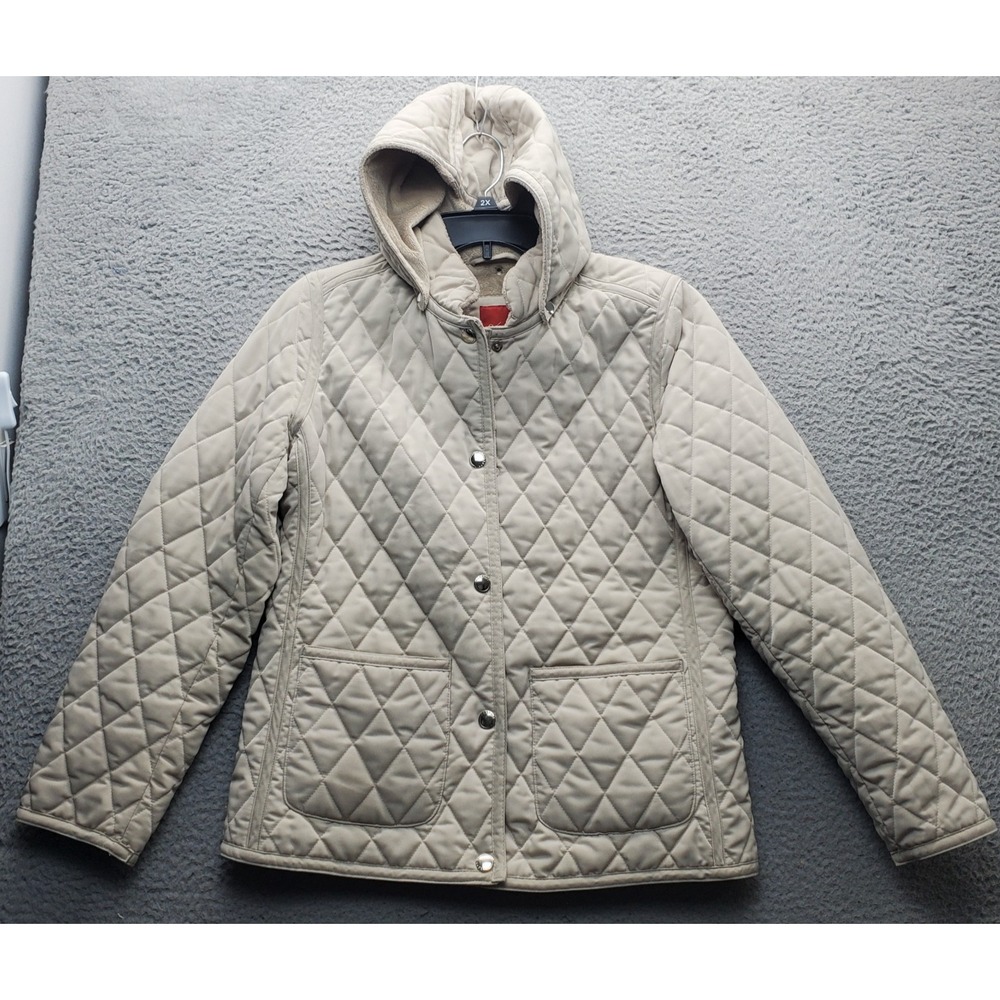Esprit Outerwear Quilted Jacket Women's M Tan Removable‎ Fleece Hood Snap Front